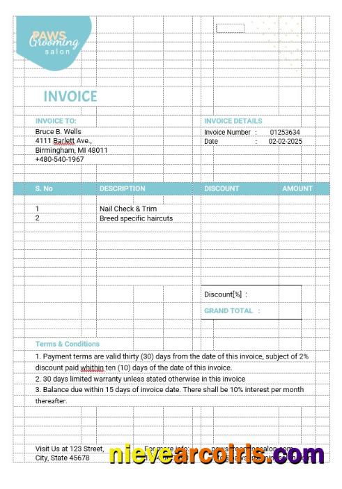 Pet Grooming Invoice